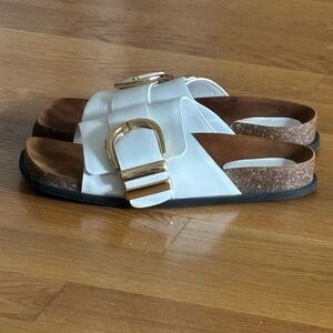 Khaite Thompson White Leather Slide Sandals with Gold Buckle - 40.5
